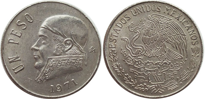 México moneda 1 peso 1970, 1971, 1972, 1974, 1975, 1976, 1977, 1978, 1979, 1980, 1981, 1982, 1983