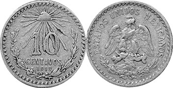 México moneda 10 centavos 1919