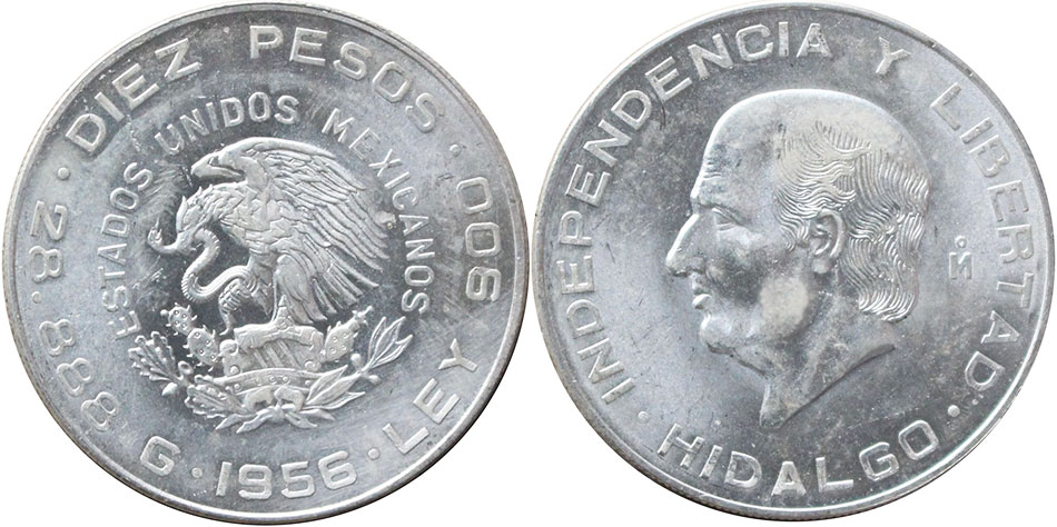 México moneda 10 pesos 1956