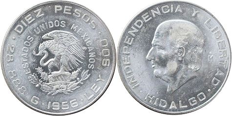 México moneda 10 pesos 1956 (1955, 1956)