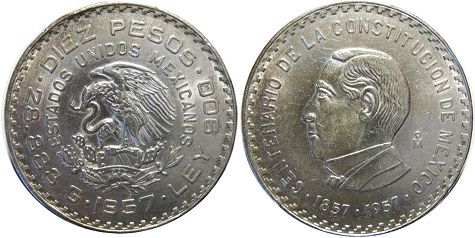 México moneda 10 Pesos 1957 Centenario de la Constitución