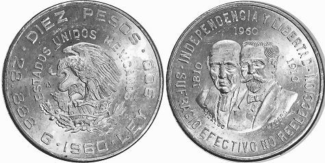 Mexico coin 10 Pesos 1960 Guerra of la Independencia