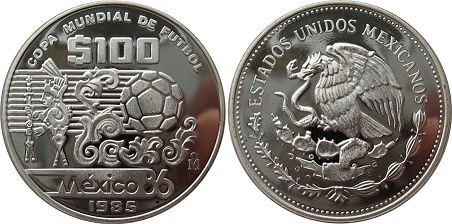 México moneda 100 Pesos 1985 Copa Mundial de Fútbol