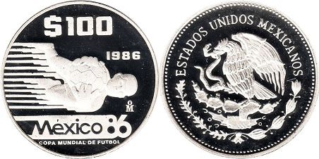 México moneda 100 Pesos 1986 Copa Mundial de Fútbol