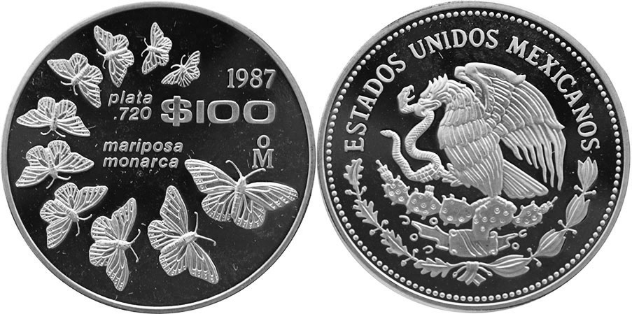 México moneda 100 Pesos 1987 Mariposa Monarca