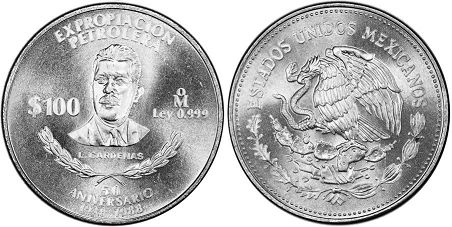 Mexico coin 100 Pesos 1988 Nacionalización of la industria petrolera