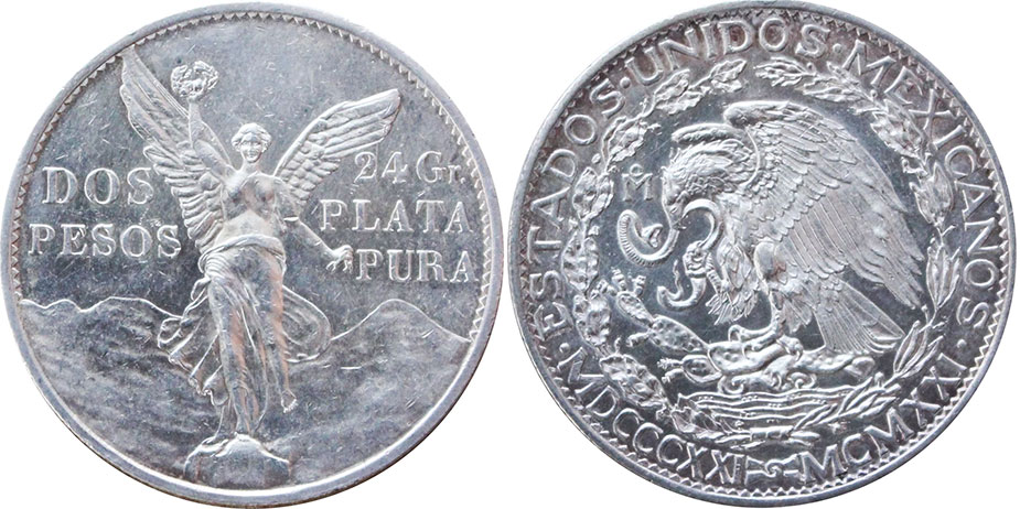 México moneda 2 Pesos 1921 Independencia