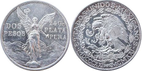 México moneda 2 Pesos 1921 Independencia