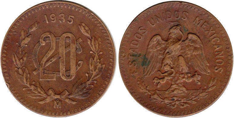 México moneda 20 centavos 1935