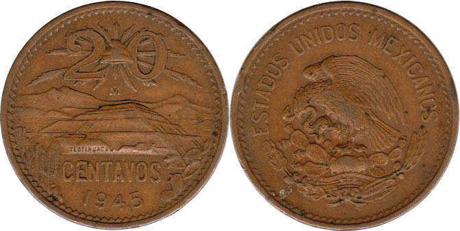 México moneda 20 centavos 1945