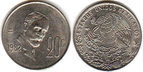 México moneda 20 centavos 1982