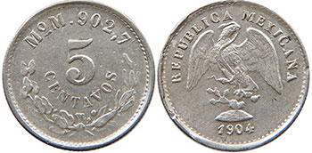 México moneda 5 centavos 1904