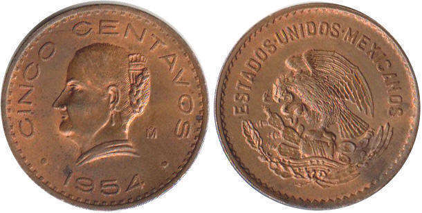 México moneda 5 centavos 1954