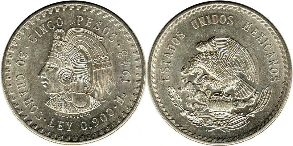 México moneda 5 pesos 1947, 1948