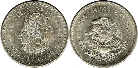 México moneda 5 pesos 1948
