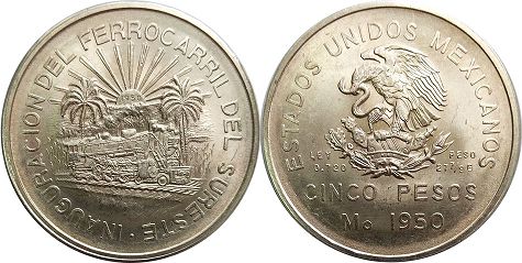 Mexico coin 5 pesos 1950 Ferrocarril del Sureste