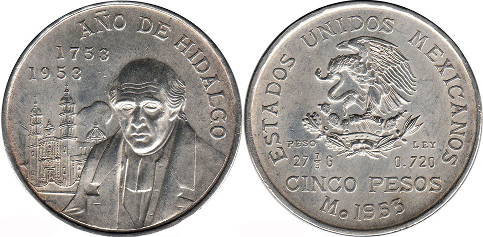México moneda 5 pesos 1953 Miguel Hidalgo