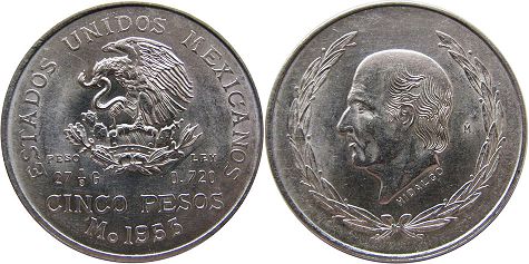 Mexico coin 5 pesos 1953