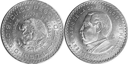 México moneda 5 Pesos 1957 Centenario de la Constitución