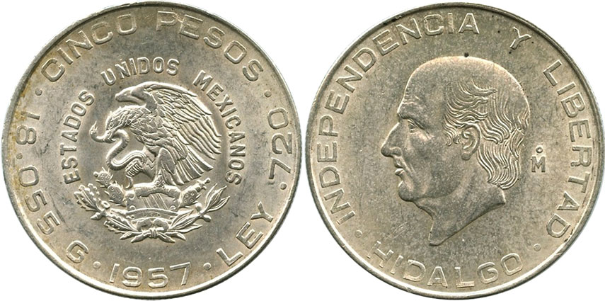 México moneda 5 pesos 1957