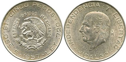 México moneda 5 pesos 1957 (1955, 1956, 1957)
