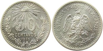 México moneda 50 centavos 1905 (1905, 1906, 1907, 1908, 1912, 1913, 1914, 1916, 1917, 1918)