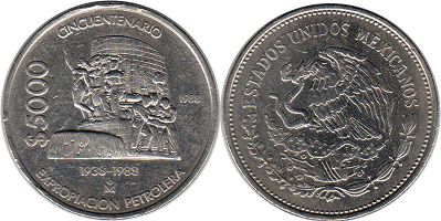 Mexico coin 5000 Pesos 1988 Nacionalización of la industria petrolera