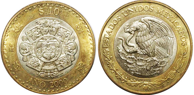 México moneda 10 pesos 2000 Cambio de milenio