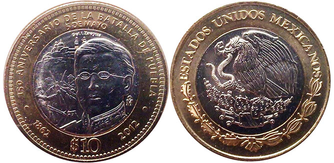 México moneda 10 pesos 2012 Batalla de Puebla