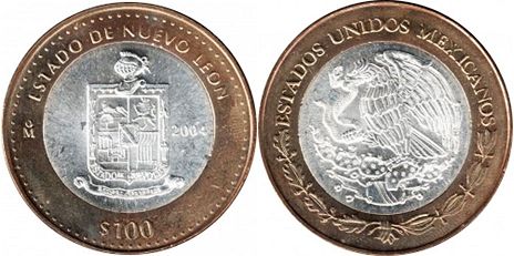 México moneda 100 Pesos 2004 Nuevo León
