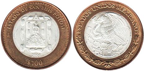 México moneda 100 Pesos 2004 San Luis Potosi