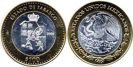 México moneda 100 Pesos 2004 Tabasco