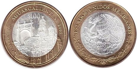 México moneda 100 Pesos 2005 Aguascalientes
