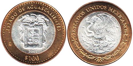 México moneda 100 Pesos 2005 Aguascalientes