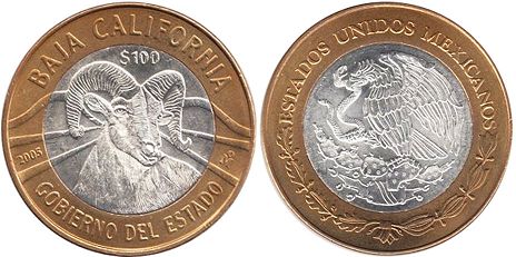 México moneda 100 Pesos 2005 Baja California