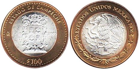México moneda 100 Pesos 2005 Campeche