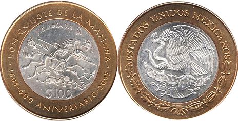 México moneda 100 Pesos 2005 Don Quijote