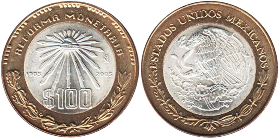 México moneda 100 Pesos 2005 Reforma Monetaria de 1905