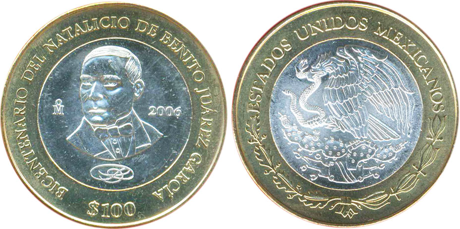 México moneda 100 Pesos 2006 Benito Juárez García