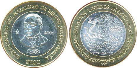 México moneda 100 Pesos 2006 Benito Juarez García
