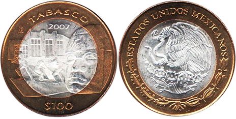 México moneda 100 Pesos 2007 Tabasco