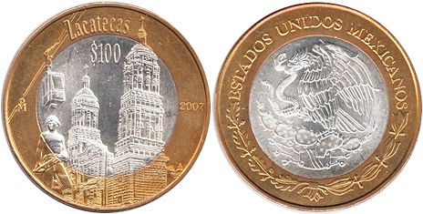 México moneda 100 Pesos 2007 Zacatecas