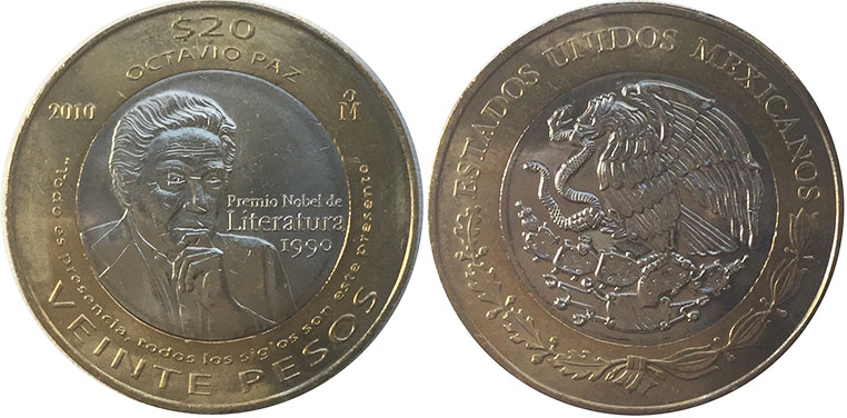 México moneda 20 pesos 2010 Premio Nobel de Literatura a Octavio Paz
