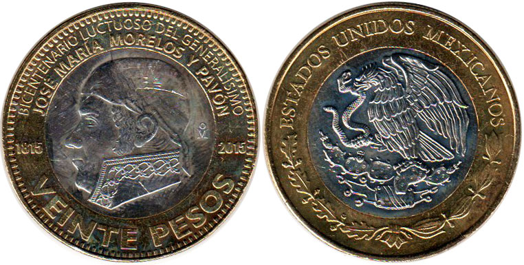 México moneda 20 pesos 2015 José María Morelos y Pavón