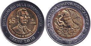 Mexico coin 5 pesos 2008 Francisco Primo de Verdad y Ramos