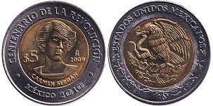 Mexico coin 5 pesos 2009 Carmen Serdan