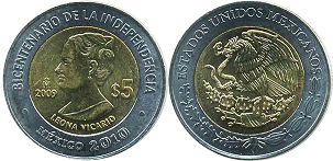Mexico coin 5 pesos 2009 Leona Vicario