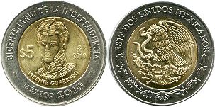México moneda 5 pesos 2010 Vicente Guerrero