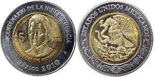México moneda 5 pesos 2010 Guadalupe Victoria