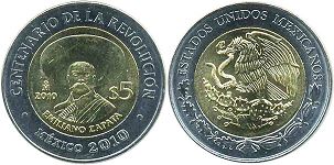 México moneda 5 pesos 2010 Emiliano Zapata